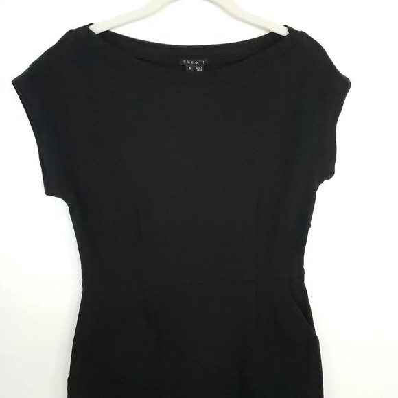 Theory Wyna Sheath Dress Women's Small Black With Pockets Stretch Cap Sleeves - Picture 6 of 14